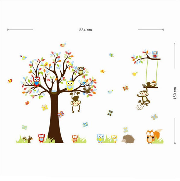  Forest Animal Monkey Owls Tree Wall Sticker